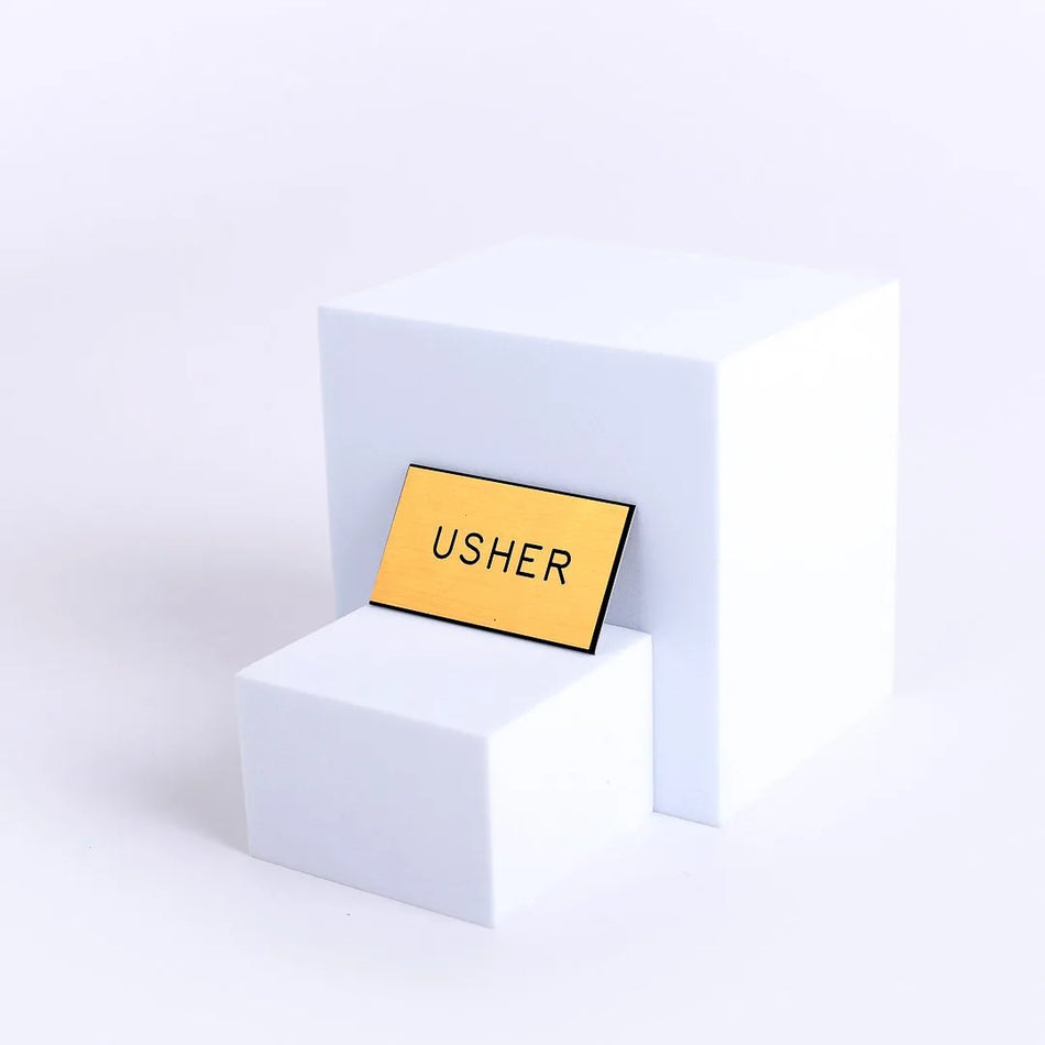 Gold or Black Badge - Engraved "Usher" - Choose Fastener Type
