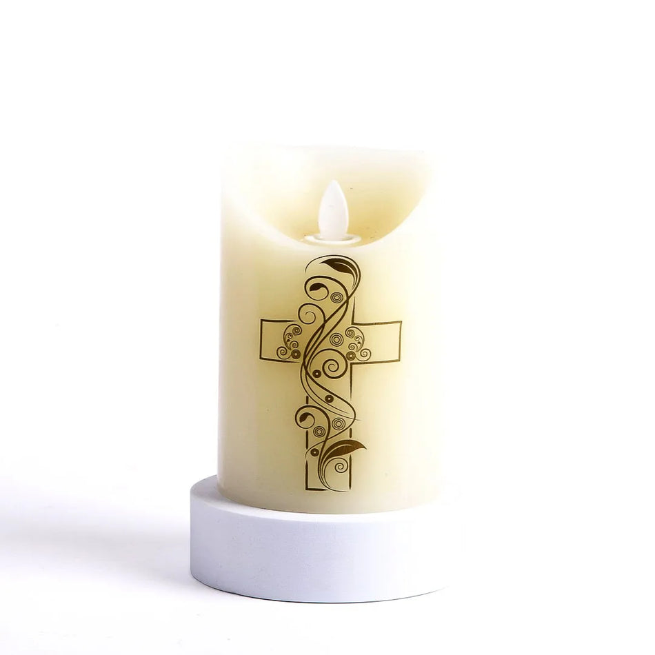 MARVELOUS LIGHTS FLAMELESS CANDLE IVORY W/CROSS 3.25 X 5 IN