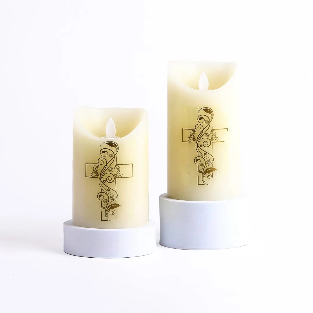 MARVELOUS LIGHTS FLAMELESS CANDLE IVORY W/CROSS 3.25 X 5 IN