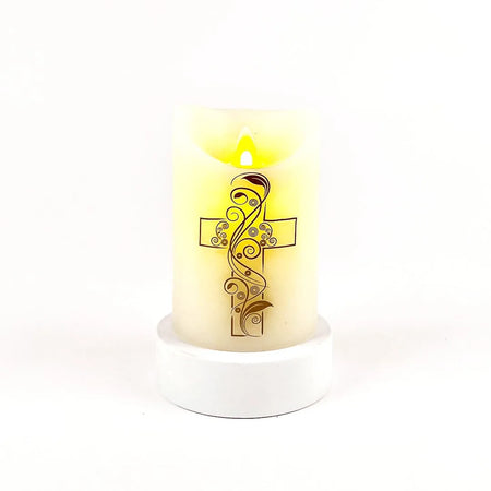 MARVELOUS LIGHTS FLAMELESS CANDLE IVORY W/CROSS 3.25 X 5 IN