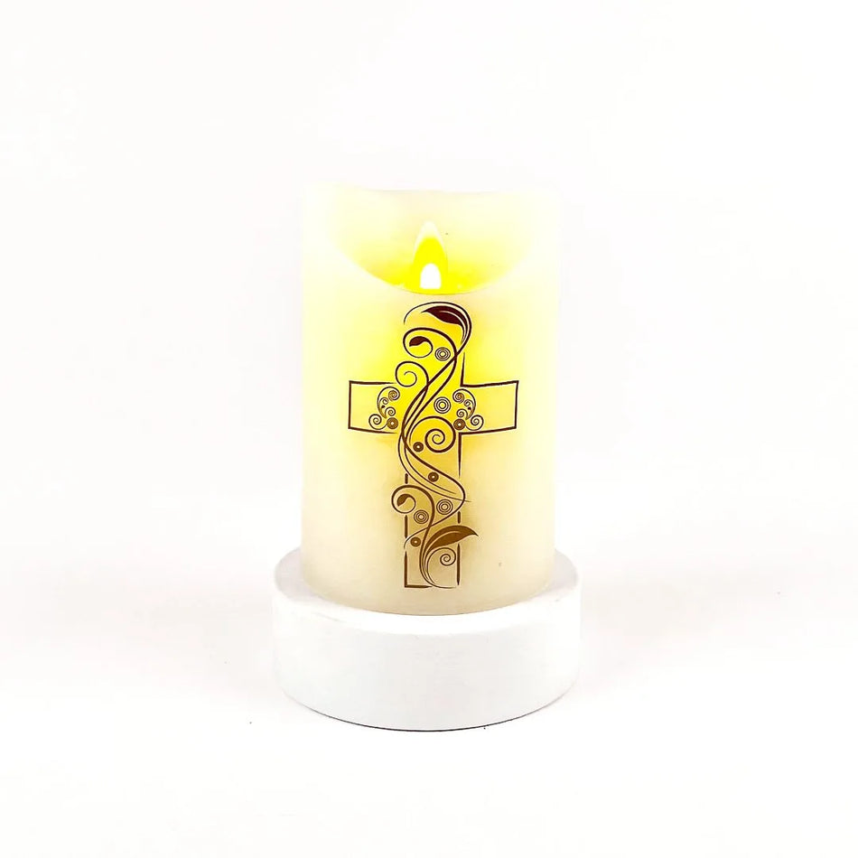 MARVELOUS LIGHTS FLAMELESS CANDLE IVORY W/CROSS 3.25 X 5 IN