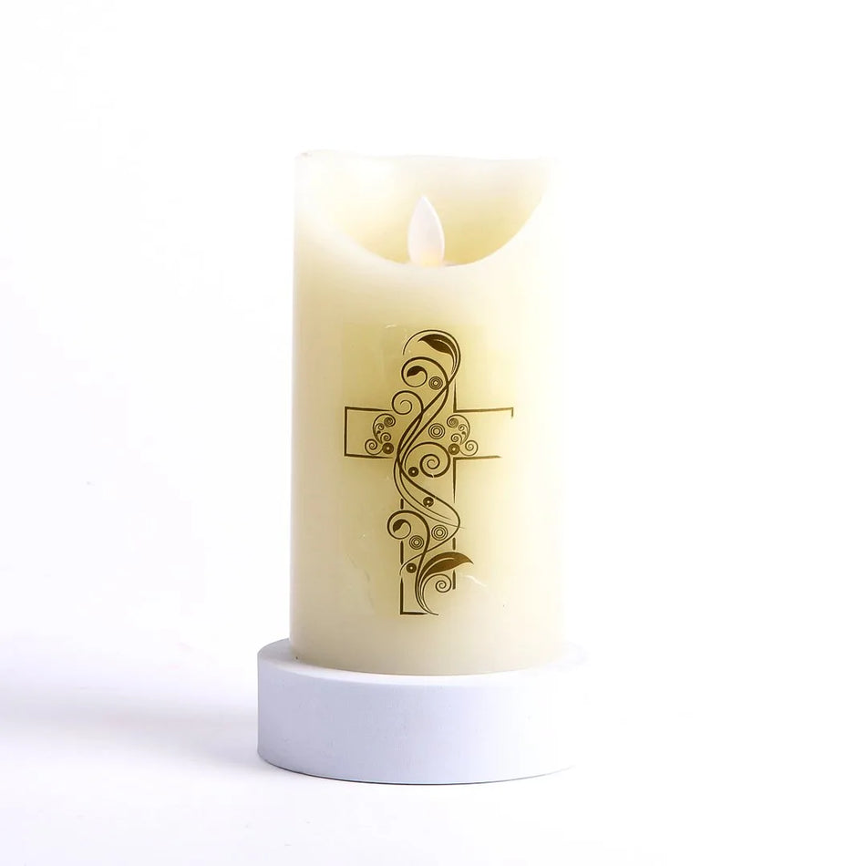 MARVELOUS LIGHTS FLAMELESS CANDLE IVORY W/CROSS 3.25 X 6 IN