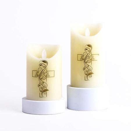 MARVELOUS LIGHTS FLAMELESS CANDLE IVORY W/CROSS 3.25 X 6 IN