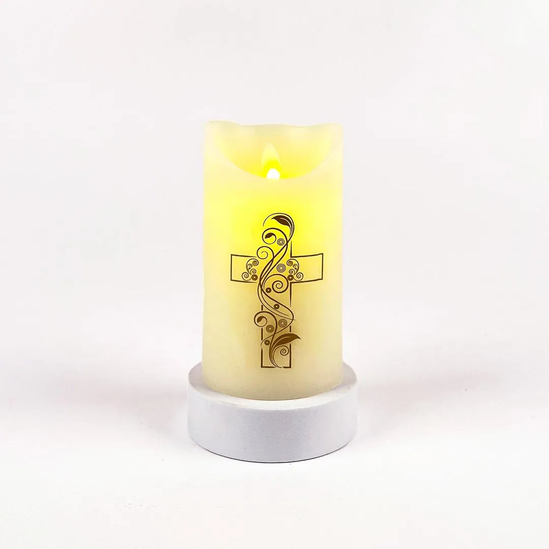 MARVELOUS LIGHTS FLAMELESS CANDLE IVORY W/CROSS 3.25 X 6 IN