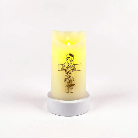 MARVELOUS LIGHTS FLAMELESS CANDLE IVORY W/CROSS 3.25 X 6 IN