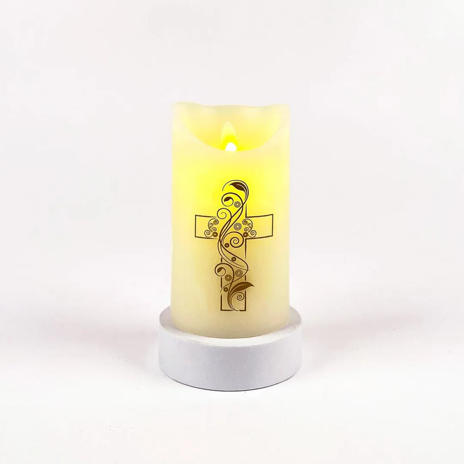 MARVELOUS LIGHTS FLAMELESS CANDLE IVORY W/CROSS 3.25 X 6 IN