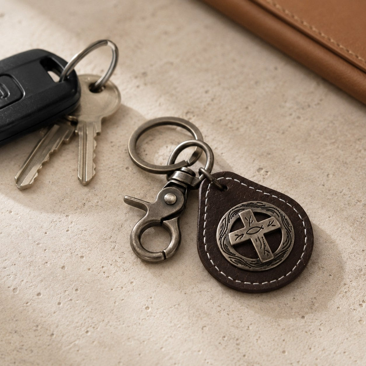 Cowhide Leather Cross Keychain - Pack of 3 by Swanson Christian Products, product view 3