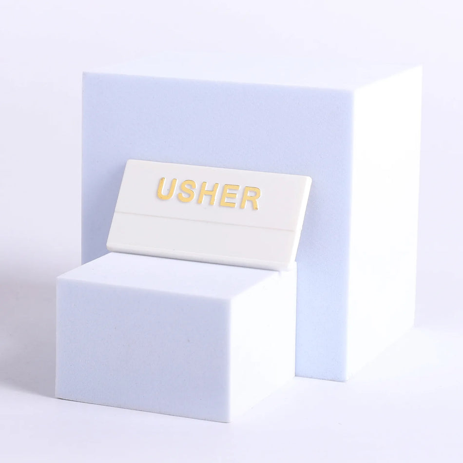 Badge Usher White Plastic/Gold Letters Pack of 24