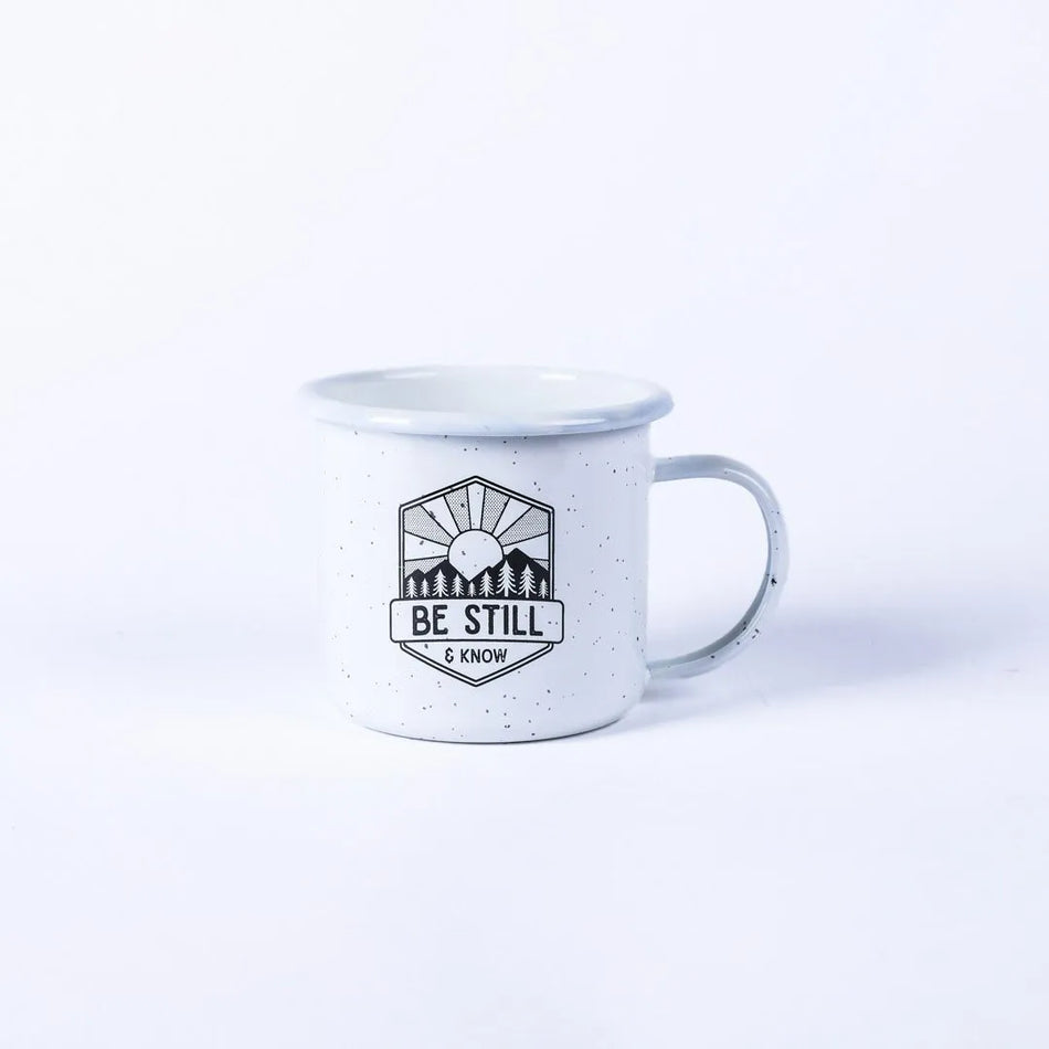 12 oz White Campfire Mug “Be Still”