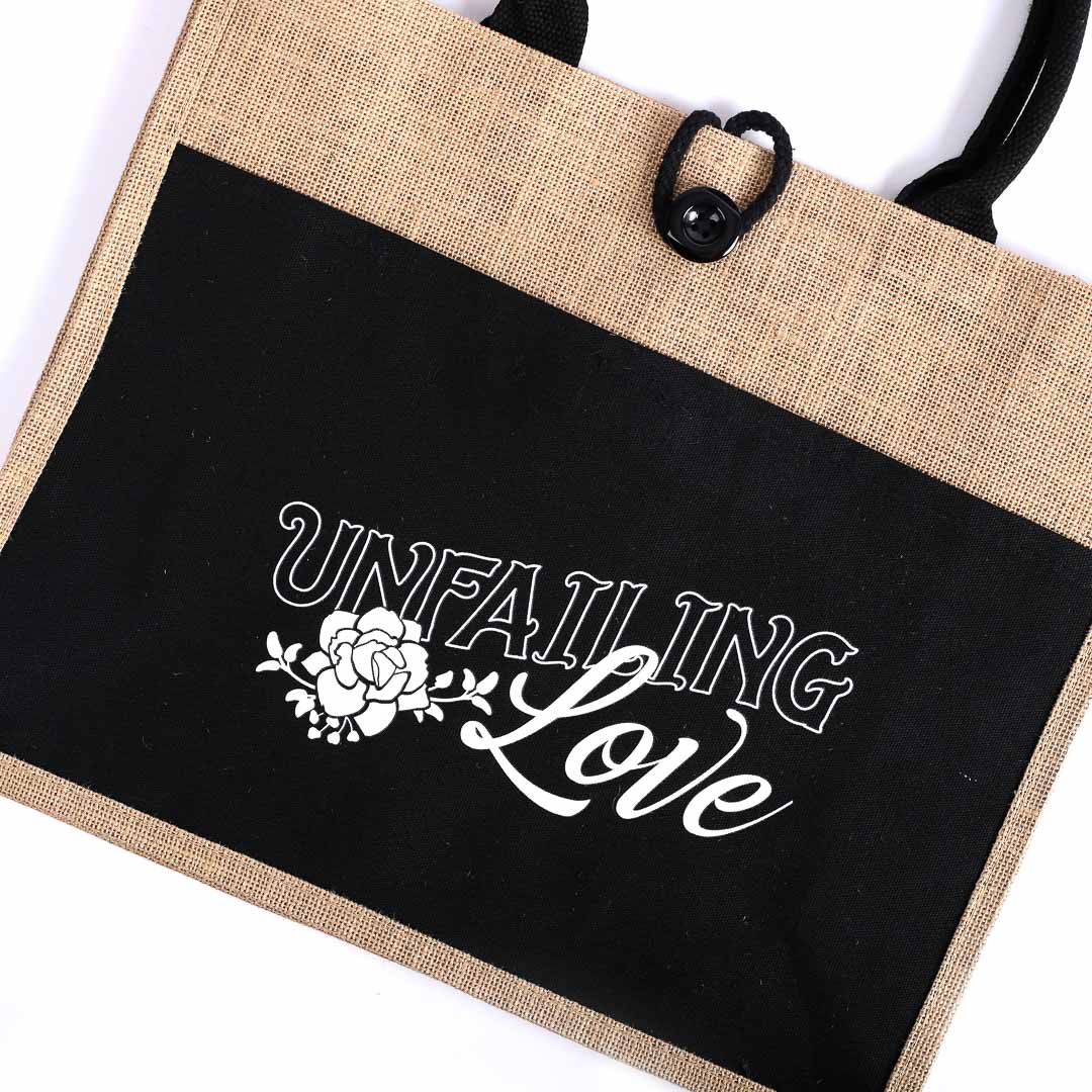 JUTE TOTE BAG  UNFAILING LOVE   17x13.5x6