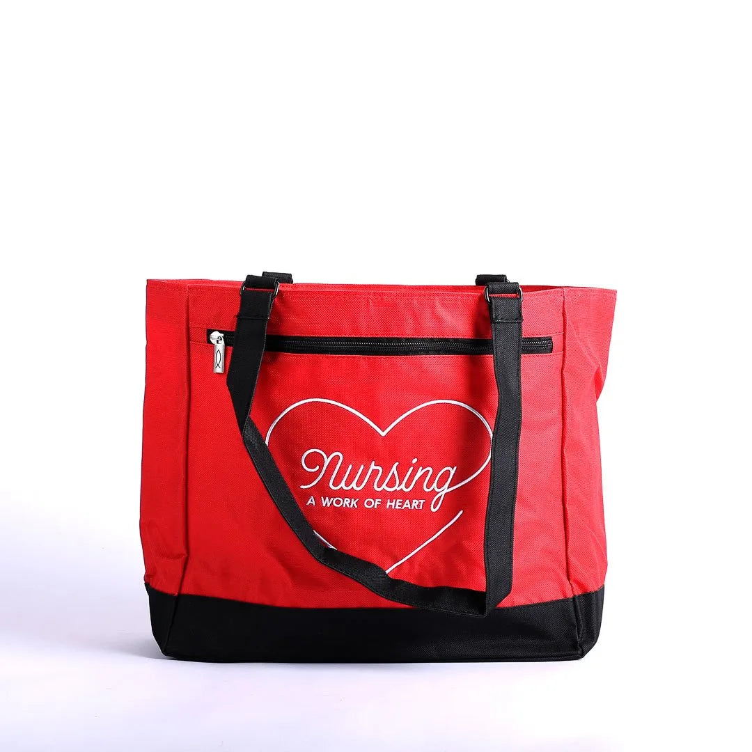 TOTE CANVAS NURSING IS A WORK OF HEART RED