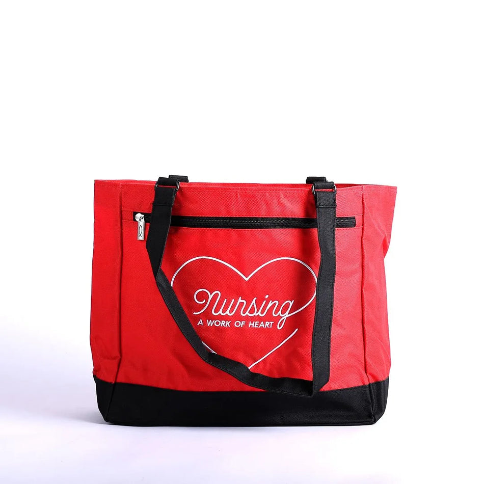 TOTE CANVAS NURSING IS A WORK OF HEART RED