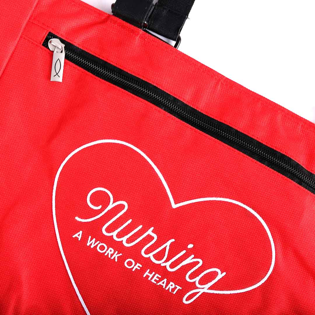TOTE CANVAS NURSING IS A WORK OF HEART RED