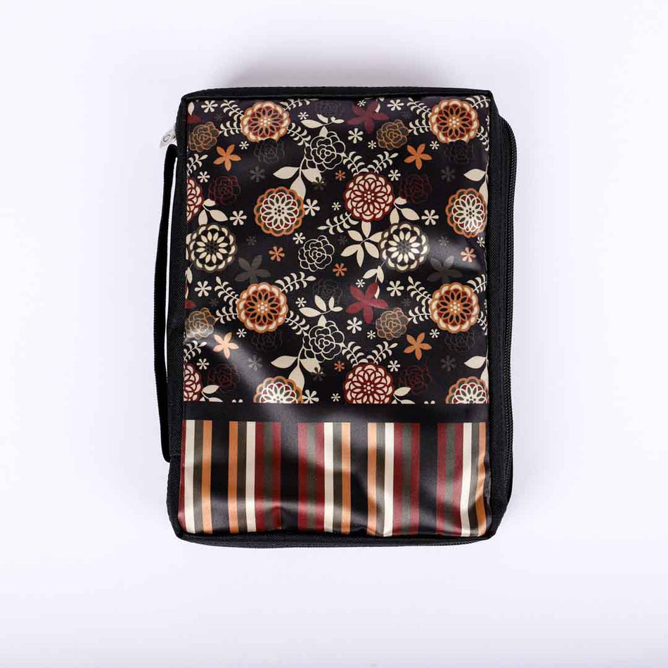Bible Cover Black Floral With Stripes L