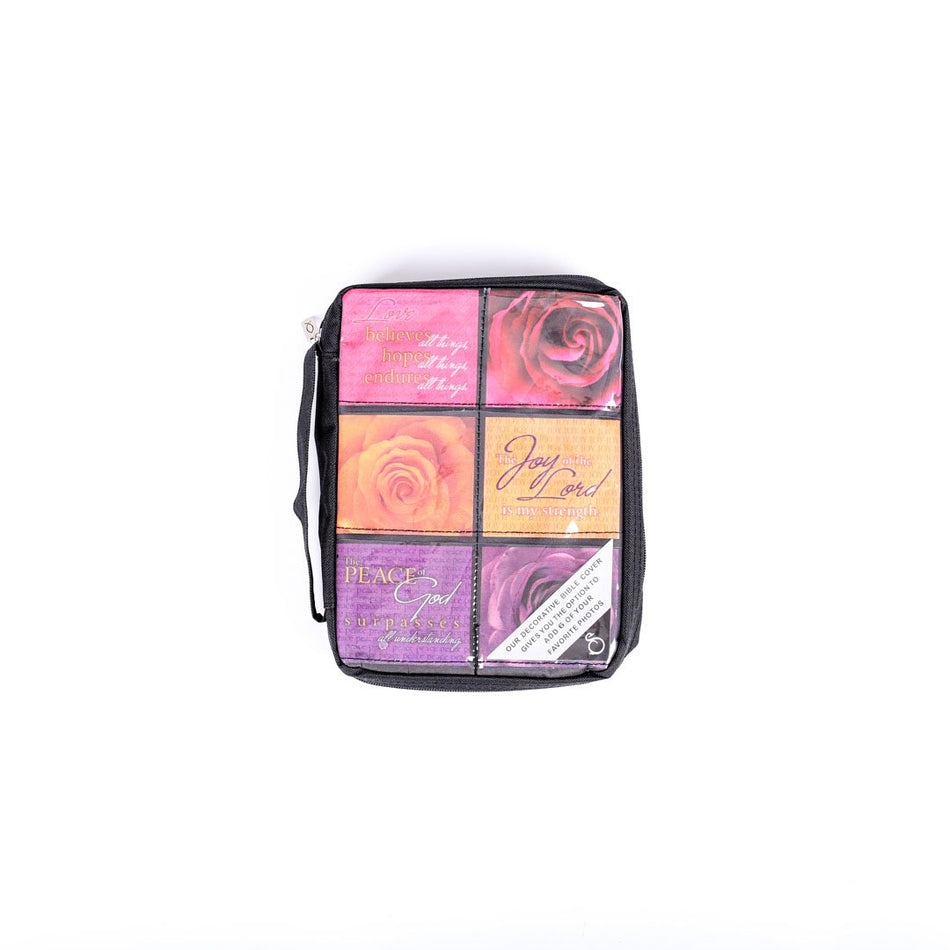 Bible Cover Microfiber Black & Floral W/ 6 Photo Windows L