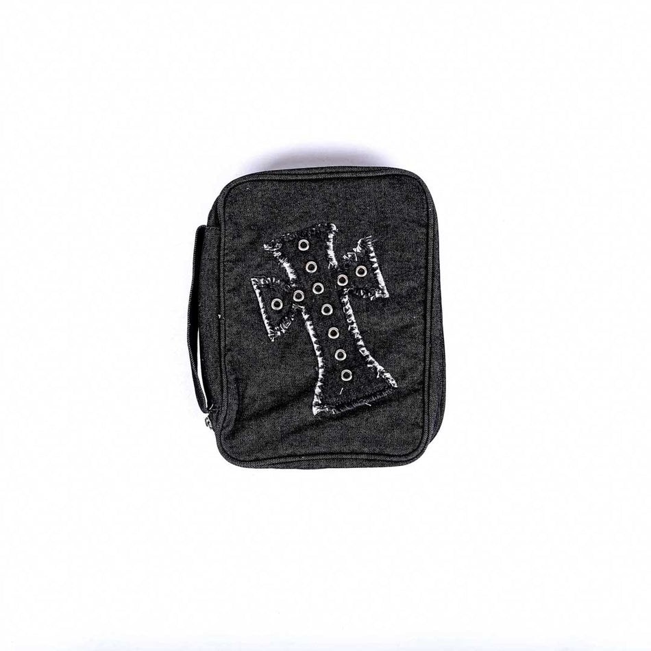 Cross Canvas Bible Cover with Grommet Handle | Black Scripture Carrying Case | Multiple Sizes