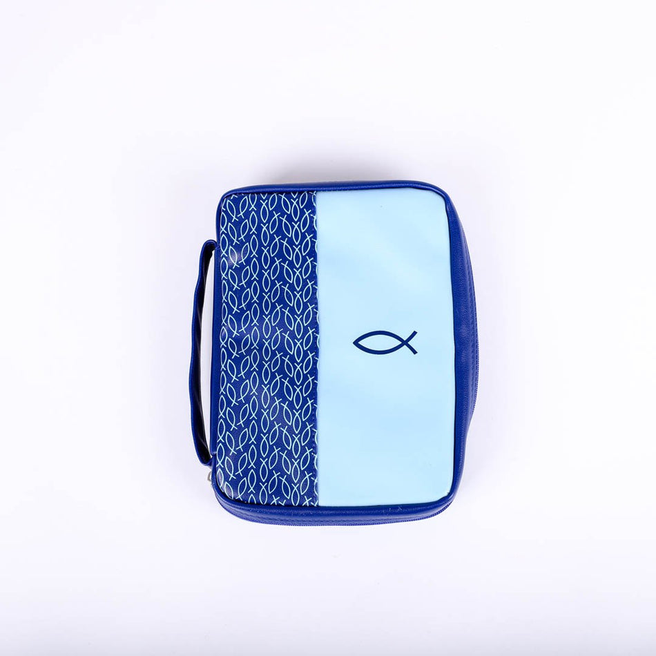 Bible Cover Imitation Leather Multiple Fish 2-Tone Blue Lg