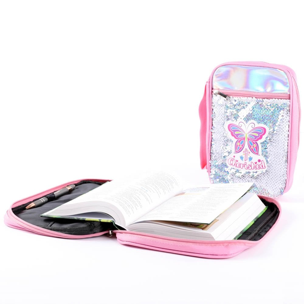 Canvas Bible Cover with Reversible Sequins - Cherished - L by Swanson Christian Products, product view 8