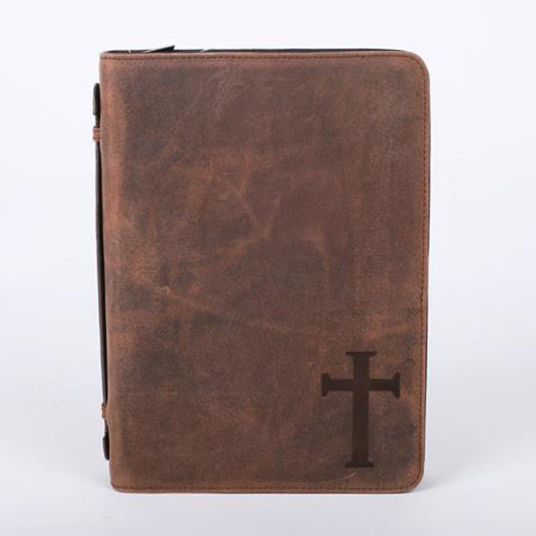 Leather Cross Bible Cover | Classic Brown Christian Bible Carrying Case | Multiple Sizes