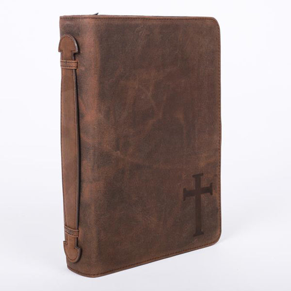 Leather Cross Bible Cover | Classic Brown Christian Bible Carrying Case | Multiple Sizes