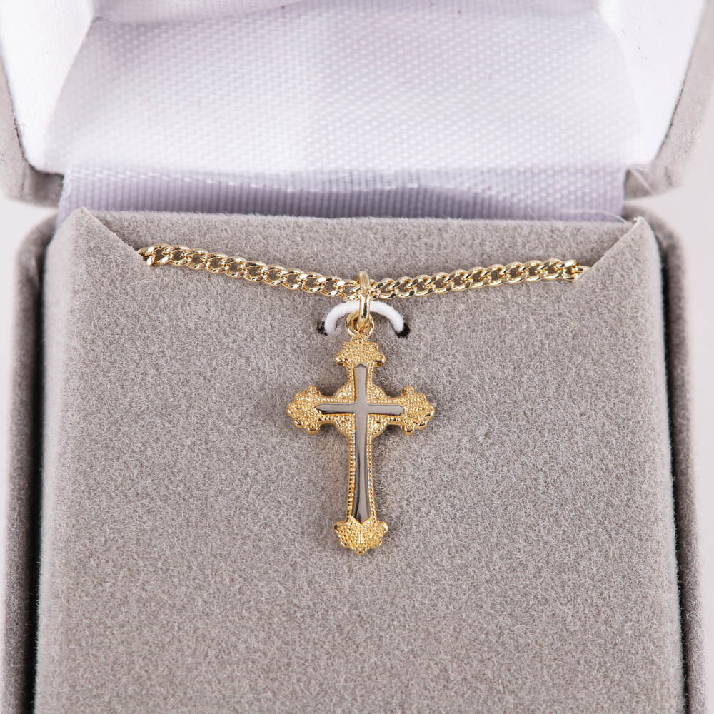 NECKLACE 2 TONE ORNATE CROSS GOLD OVER STERLING 18"