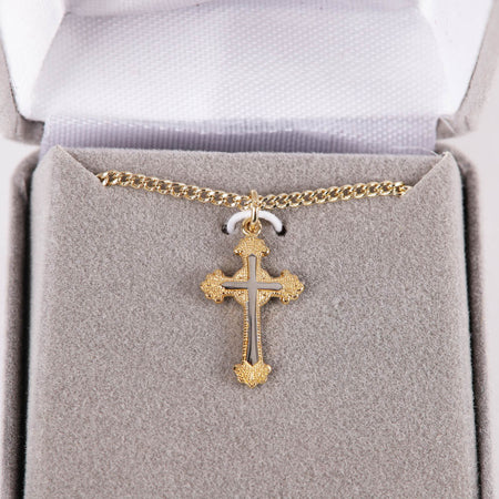 NECKLACE 2 TONE ORNATE CROSS GOLD OVER STERLING 18"