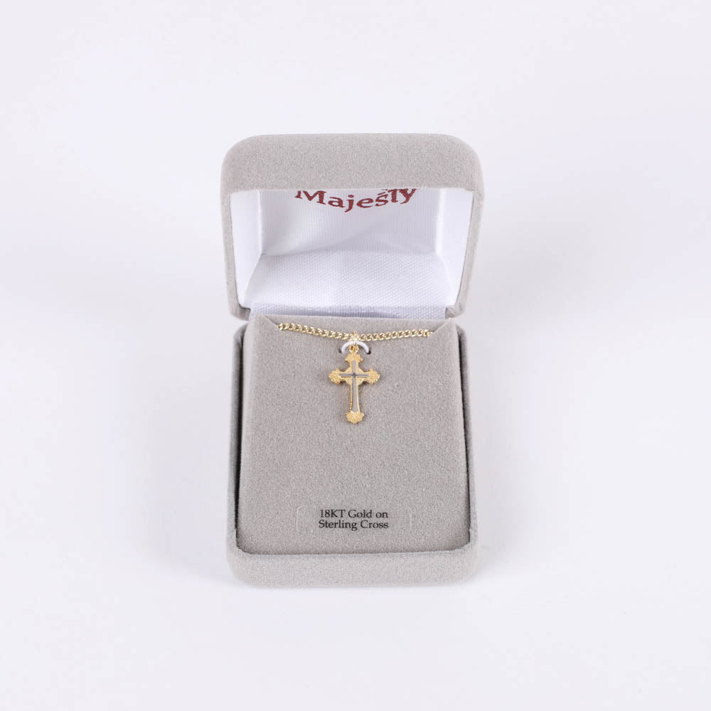 NECKLACE 2 TONE ORNATE CROSS GOLD OVER STERLING 18"