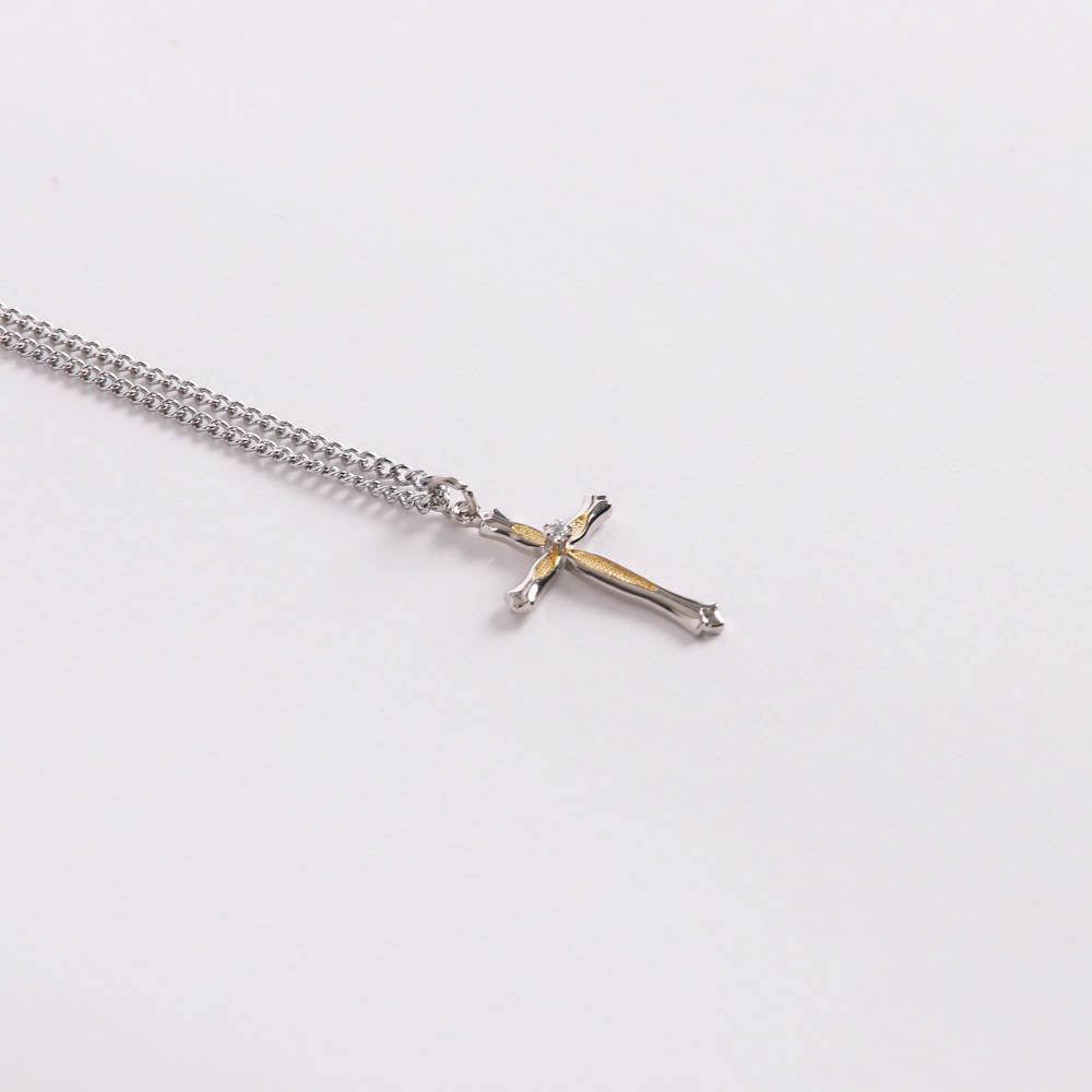 NECKLACE 2 TONE CROSS ZIRCON CRYSTAL STERLING 18"