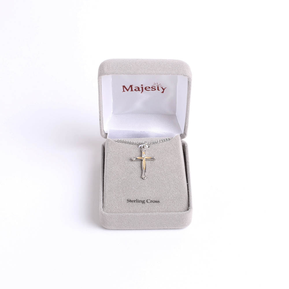 NECKLACE 2 TONE CROSS ZIRCON CRYSTAL STERLING 18"