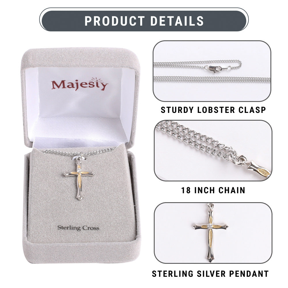 NECKLACE 2 TONE CROSS ZIRCON CRYSTAL STERLING 18"