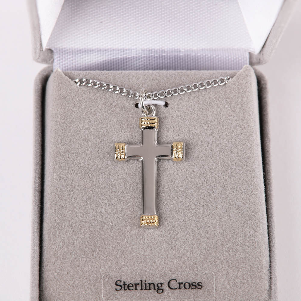 NECKLACE CROSS GOLD TIPS STERLING 18"