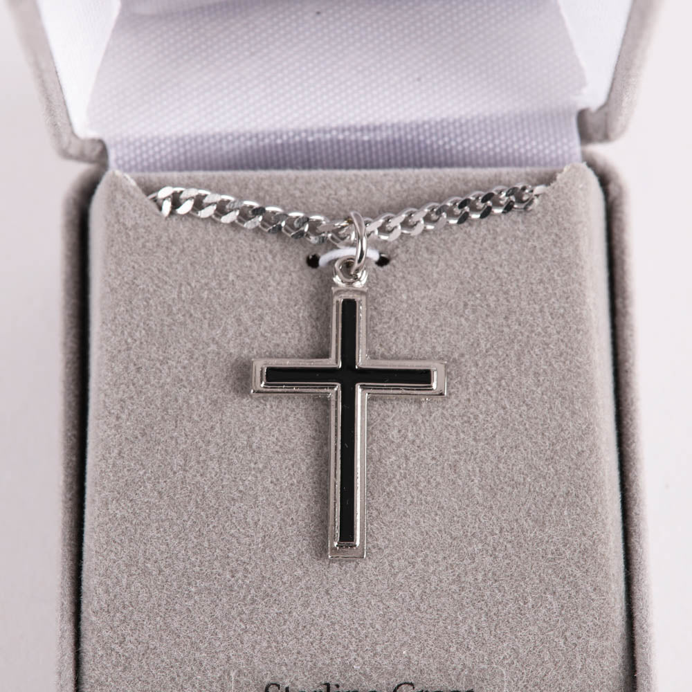 NECKLACE CROSS W/BLACK FILL STERLING 24"