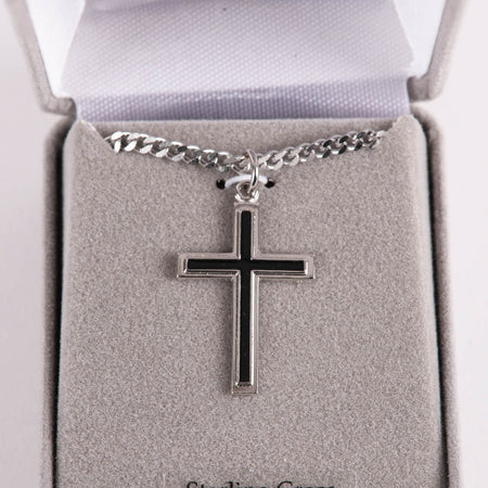 NECKLACE CROSS W/BLACK FILL STERLING 24"