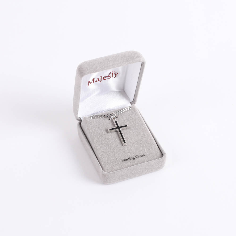 NECKLACE CROSS W/BLACK FILL STERLING 24"