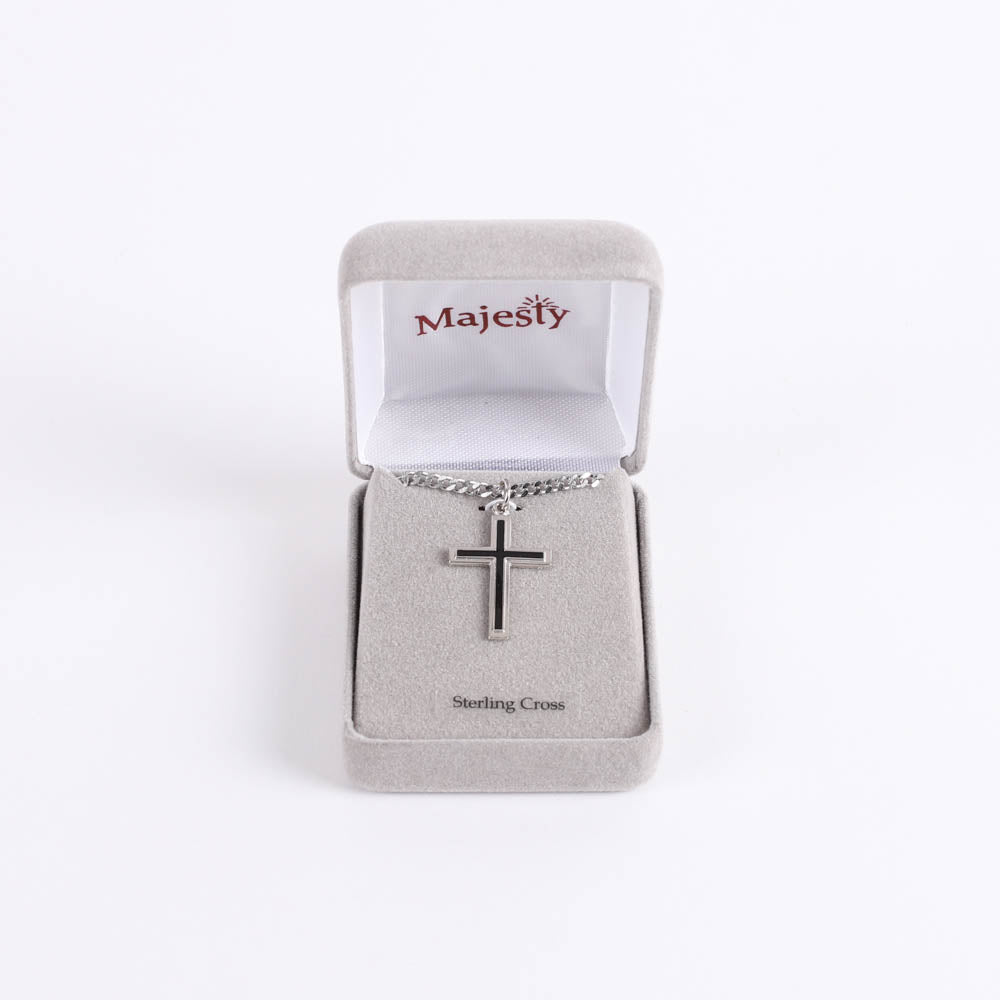 NECKLACE CROSS W/BLACK FILL STERLING 24"
