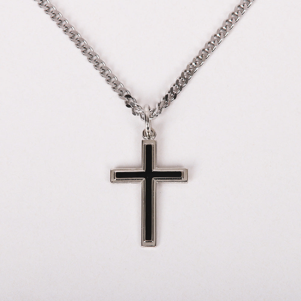 NECKLACE CROSS W/BLACK FILL STERLING 24"