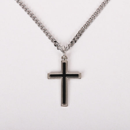NECKLACE CROSS W/BLACK FILL STERLING 24"