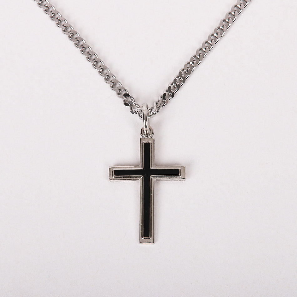 NECKLACE CROSS W/BLACK FILL STERLING 24"