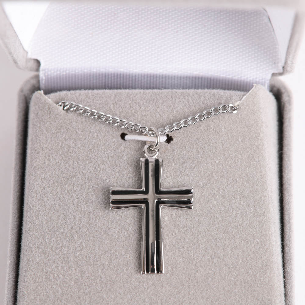NECKLACE CROSS W/BLACK FILL STERLING 18"