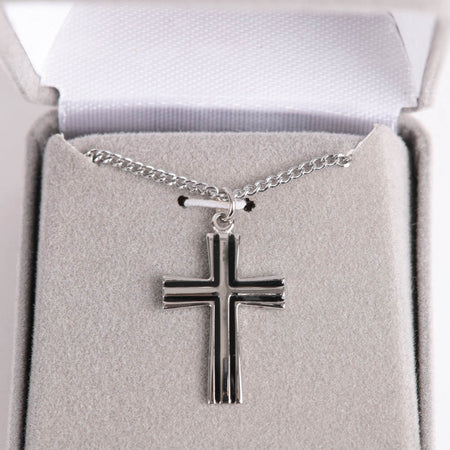 NECKLACE CROSS W/BLACK FILL STERLING 18"