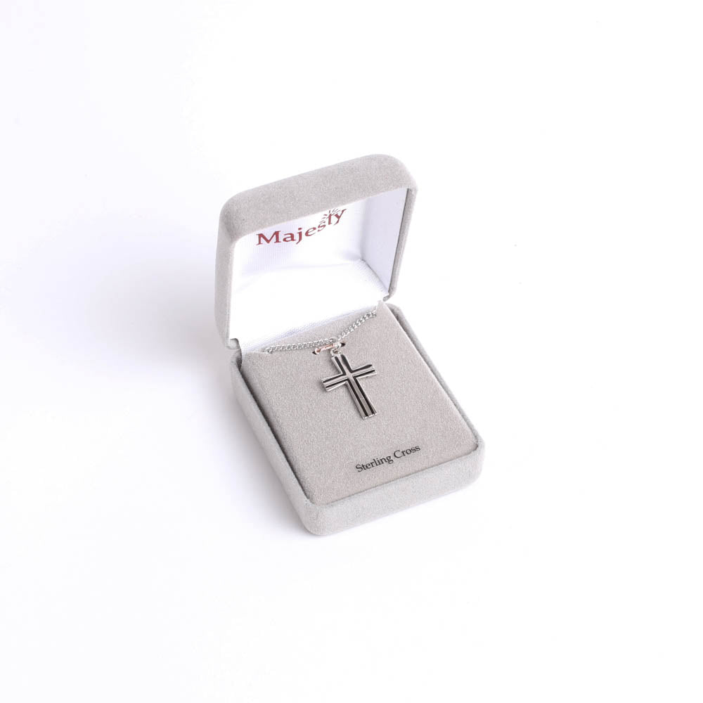 NECKLACE CROSS W/BLACK FILL STERLING 18"