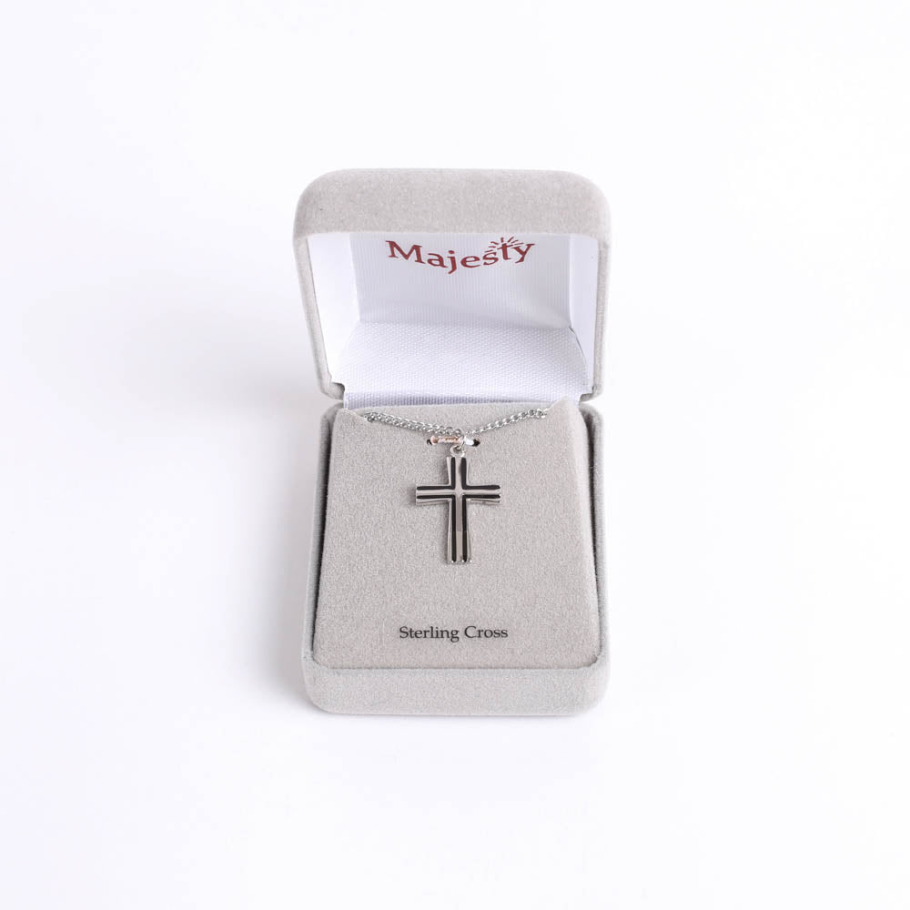 NECKLACE CROSS W/BLACK FILL STERLING 18"