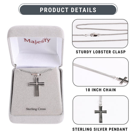 NECKLACE CROSS W/BLACK FILL STERLING 18"