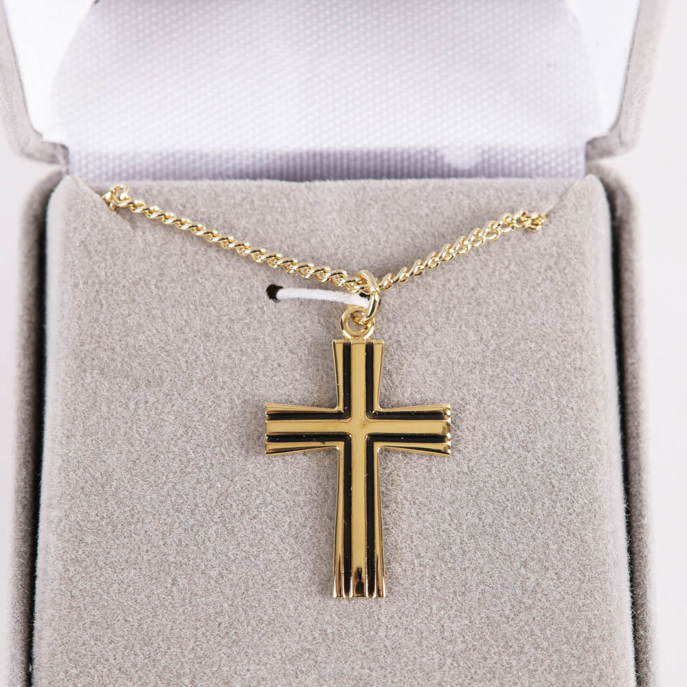 NECKLACE CROSS W/BLACK FILL GOLD OVER STERLING 18"