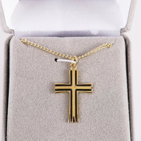 NECKLACE CROSS W/BLACK FILL GOLD OVER STERLING 18"