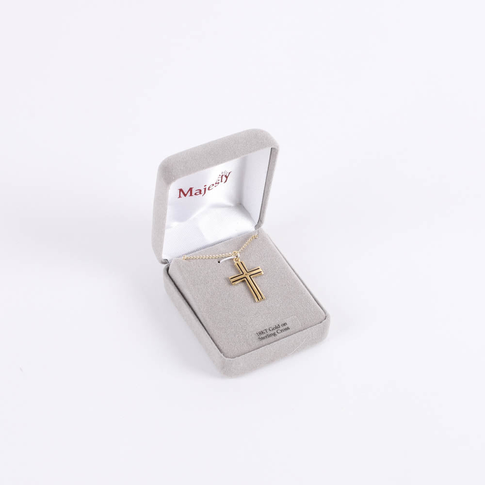 NECKLACE CROSS W/BLACK FILL GOLD OVER STERLING 18"