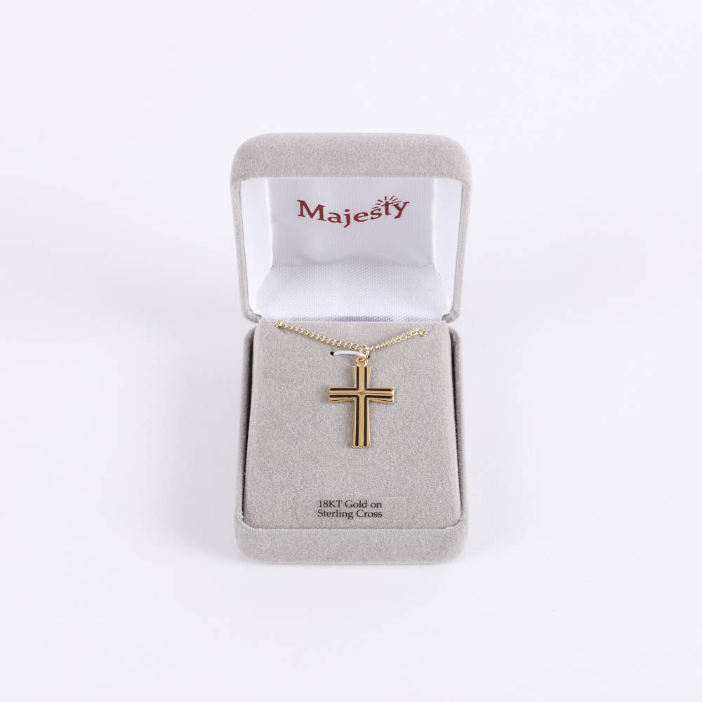 NECKLACE CROSS W/BLACK FILL GOLD OVER STERLING 18"
