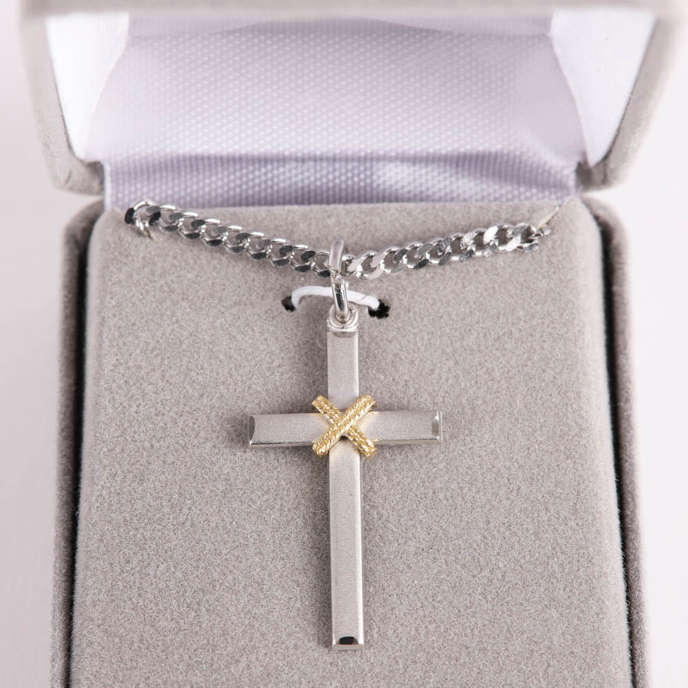 NECKLACE CROSS W/GOLD ROPE STERLING 24"