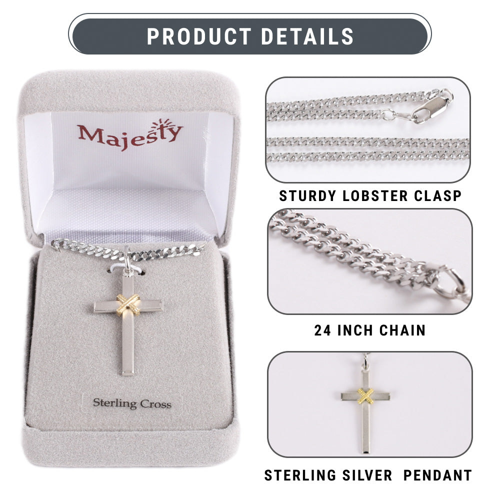 NECKLACE CROSS W/GOLD ROPE STERLING 24"