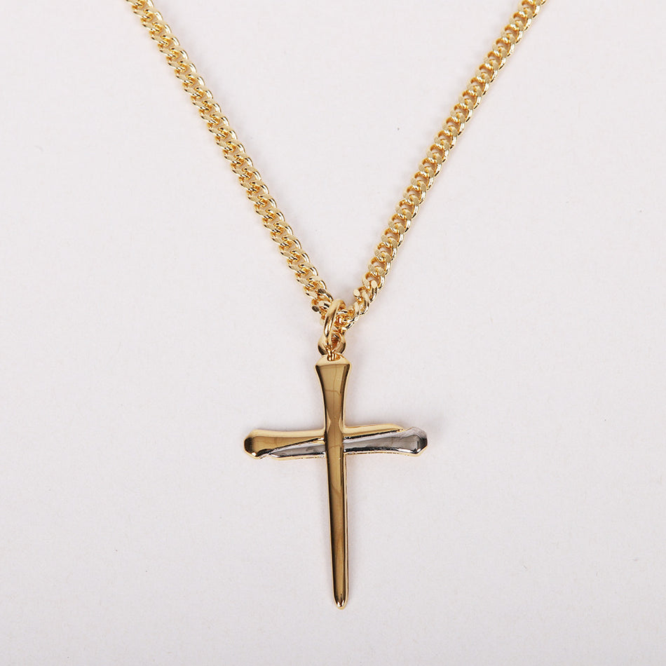 NECKLACE 2 TONE NAIL CROSS GOLD OVER STERLING 24"